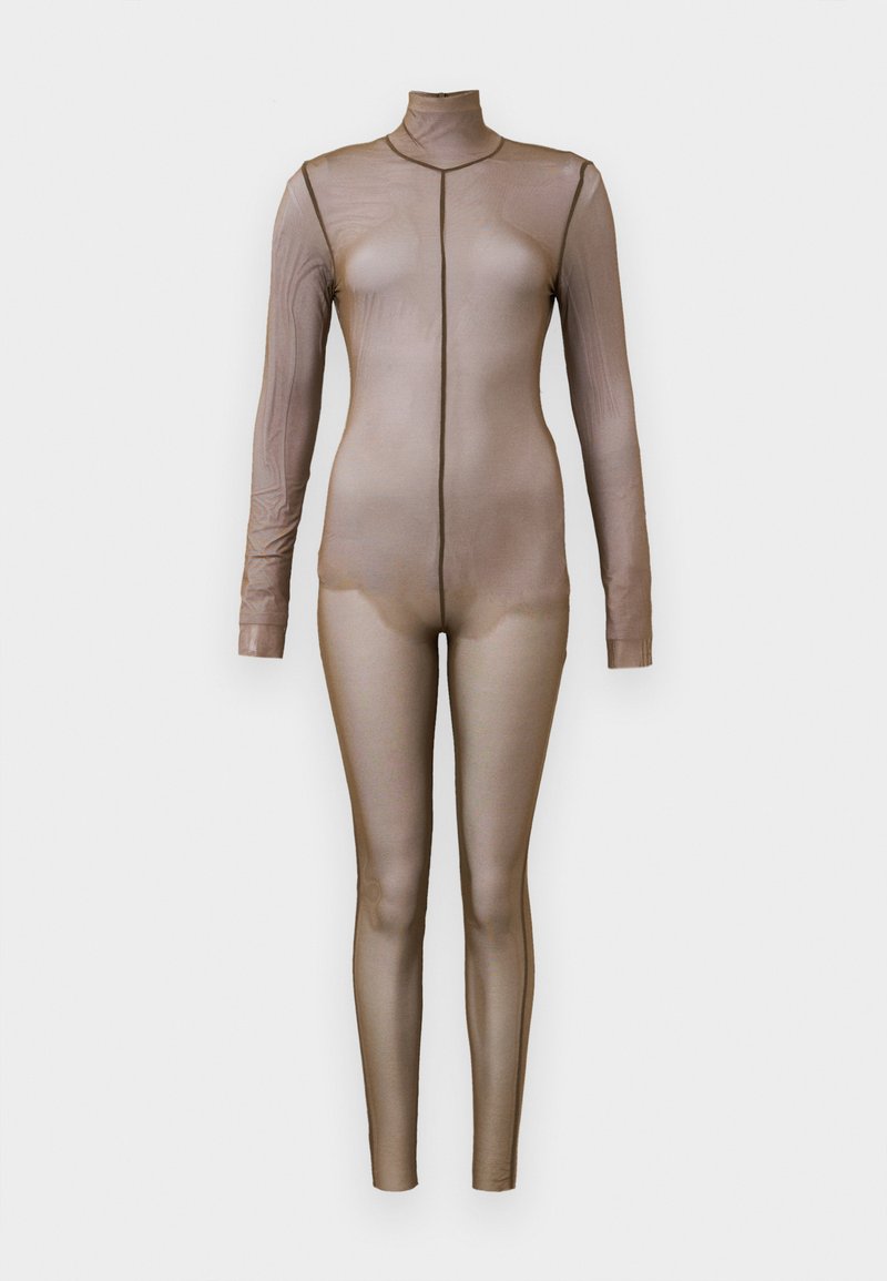 Bruine gaas bodysuit met lange mouwen en een hoge hals. Heeft een naadloos ontwerp met een aansluitende silhouet en minimale stikseldetails.