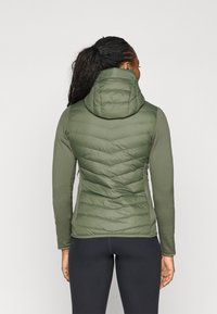 Gilet verde imbottito con motivo trapuntato, cappuccio attaccato e maniche lunghe; realizzato in materiale liscio e leggero. Vista posteriore mostrata.