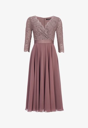 Mauve dress with a fitted lace bodice featuring embellishments, and flowing, pleated skirt. Three-quarter lace sleeves and back zipper.