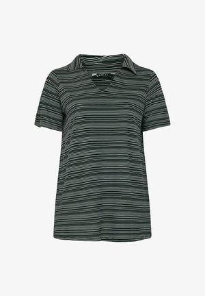 Kurzärmliges, V-Ausschnitt-Oberteil in Schwarz mit weißen horizontalen Streifen. Verfügt über einen Kragen und eine lockere Passform, aus leichtem Stoff gefertigt.