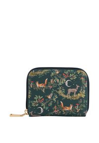Green faux leather wallet featuring woodland animal illustrations, gold hardware, and a zip closure. Design includes foxes, deer, and birds.