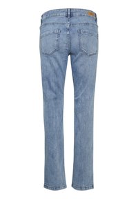 Gai zilu džinsu bikses ar taisnu kāju griezumu, piecām kabatām un ar zīmola uzšuvi uz vidukļa. Iezīmējas ar gludu, teksturētu apdari.