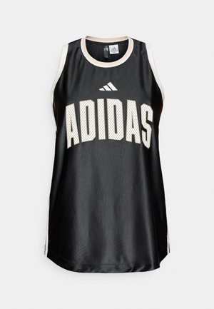 Črno športno brezrokavnik z velikim belim napisom "ADIDAS", okroglim izrezom in zračno mrežasto tkanino z kontrastnimi stranskimi poudarki.