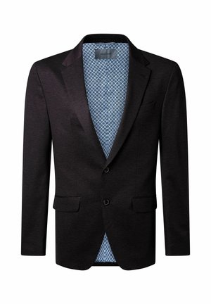 Donkerbruine herenblazer met notch-lapels, twee voorknopen, klepzakken en een lichtblauwe, gestreepte binnenvoering.