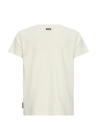T-Shirt mit kurzen Ärmeln in Off-White, aus weicher Baumwolle, mit Rundhalsausschnitt und einem kleinen schwarzen Logo-Label unten links.