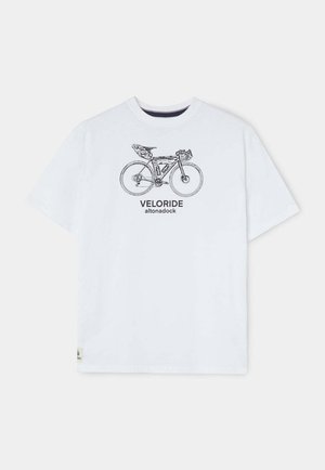 Camiseta blanca de manga corta con un dibujo de línea negra de una bicicleta y el texto "VELORIDE altonadock" en el centro delantero.