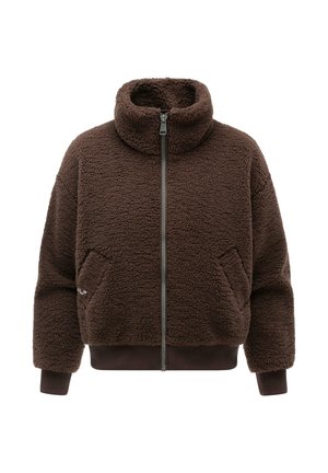 Giacca in pile marrone con zip, colletto alto, due tasche frontali e polsini e orlo a coste. Tessuto morbido e strutturato per il calore.