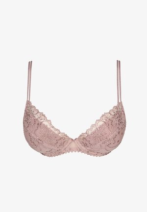 Soutien-gorge en dentelle lavande avec broderies florales, armatures et doubles bretelles fines réglables.
