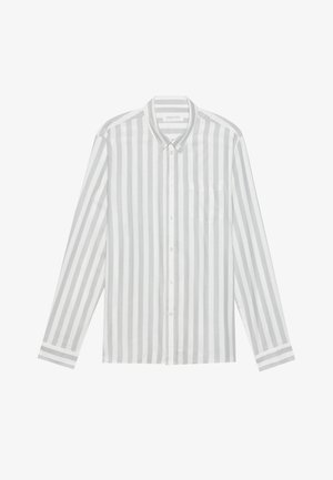 Lett, langermet skjorte i hvite og grå vertikale striper, med krage med knapper og lomme på brystet. Strukturgarn.