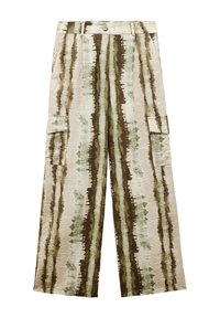 Pantaloni cargo a gamba larga con un motivo a strisce ondulate in tonalità di verde e marrone. Realizzati in tessuto testurizzato con tasche laterali e chiusura con bottone.