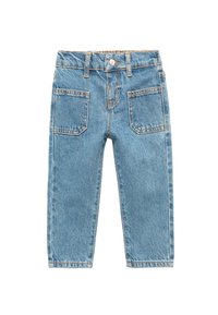 Jeans de mezclilla azul claro con corte recto, cinco bolsillos, costuras visibles y un cierre de botón en la cintura.