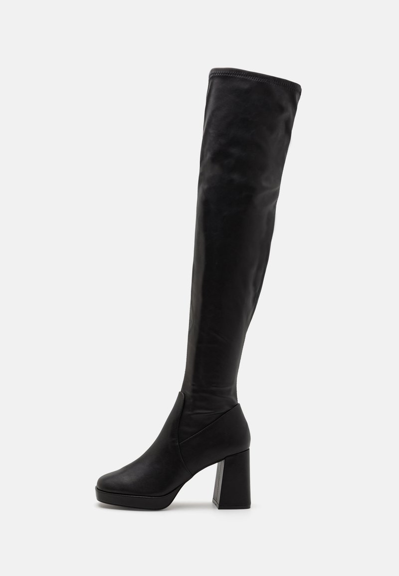 Black over-the-knee boots made of smooth leather, featuring a chunky square heel and a fitted design with seamless edges.