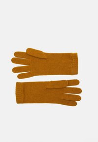 Knitted gloves in mustard yellow with a textured finish. Features five finger divisions and ribbed cuffs for a secure fit.