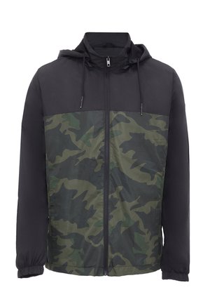 Black and green camouflage zip-up jacket with hood and drawstrings, elastic cuffs, and solid black sleeves and upper chest.