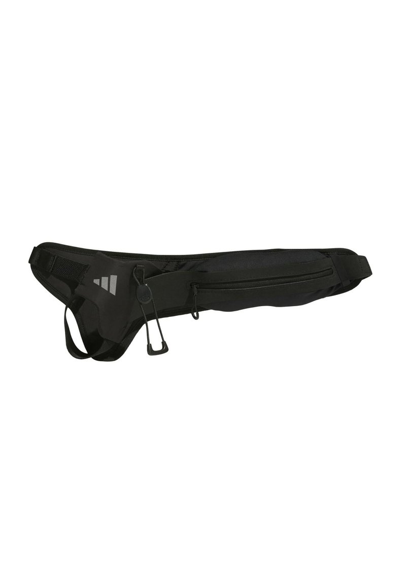 Black waist bag with a streamlined, ergonomic design, featuring a zipper pocket, adjustable strap, and reflective logo accents.