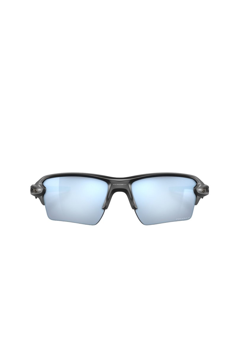 Lunettes de soleil de sport noires avec une monture semi-cerclée et des verres bleus réfléchissants, conçues pour les activités en plein air et la protection des yeux.