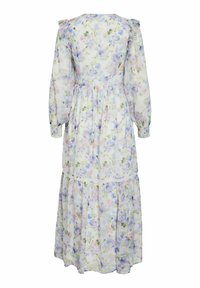 Robe longue transparente à fleurs avec des fleurs bleu pastel, rose et vert, manches longues bouffantes et jupe à volants.