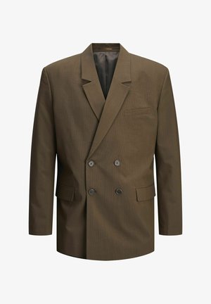 Smeđi dvostruki sako izrađen od teksturiranog materijala, s oštrim reverima, dva prednja džepa i tamnim dugmadima sprijeda.