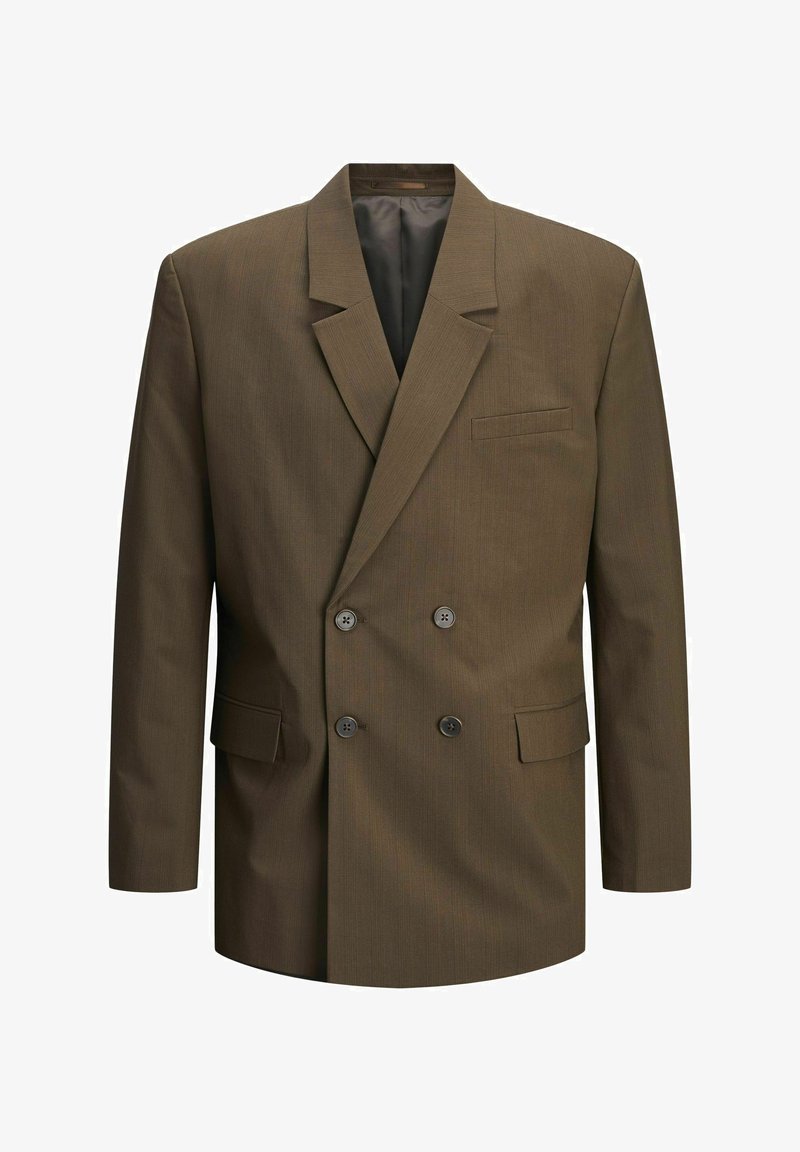 Smeđi dvostruki sako izrađen od teksturiranog materijala, s oštrim reverima, dva prednja džepa i tamnim dugmadima sprijeda.