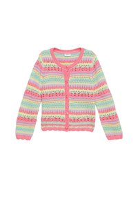 Mehrfarbiger gestrickter Cardigan mit rosa, blauen, grünen und gelben Streifen. Verfügt über einen V-Ausschnitt, eine Knopfverschluss und einen wellenförmigen Saum.