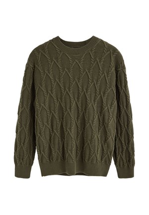 Jersey de punto verde oscuro con mangas largas y un patrón texturizado de cable en forma de diamante, puños, bajo y cuello redondo acanalados.