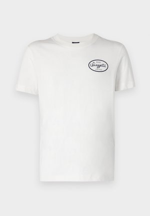 Hvit bomull T-skjorte med rund hals, korte ermer og en marineblå oval logo med teksten "BAR Spiaggetta" på forsiden.