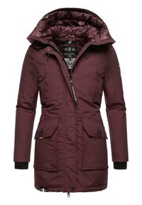 Burgundy padded jacket with a high collar, zip and button closures, multiple front pockets, and ribbed cuffs. Quilted inner lining.