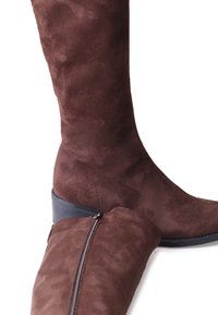 Stivali alti in suede marrone con una superficie liscia, punta affusolata e chiusura con zip sul lato. Tacco impilato con un accento nero.