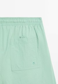 Pantaloni corti di un verde menta chiaro con vita elastica, dotati di una tasca quadrata sul retro e un piccolo dettaglio ad occhiello vicino alla tasca.