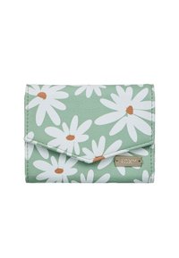 Muntgroen portemonnee met een bloemdesign met witte madeliefjes en oranje centra. Gemaakt van gestructureerd synthetisch materiaal met een metalen logoaccent.