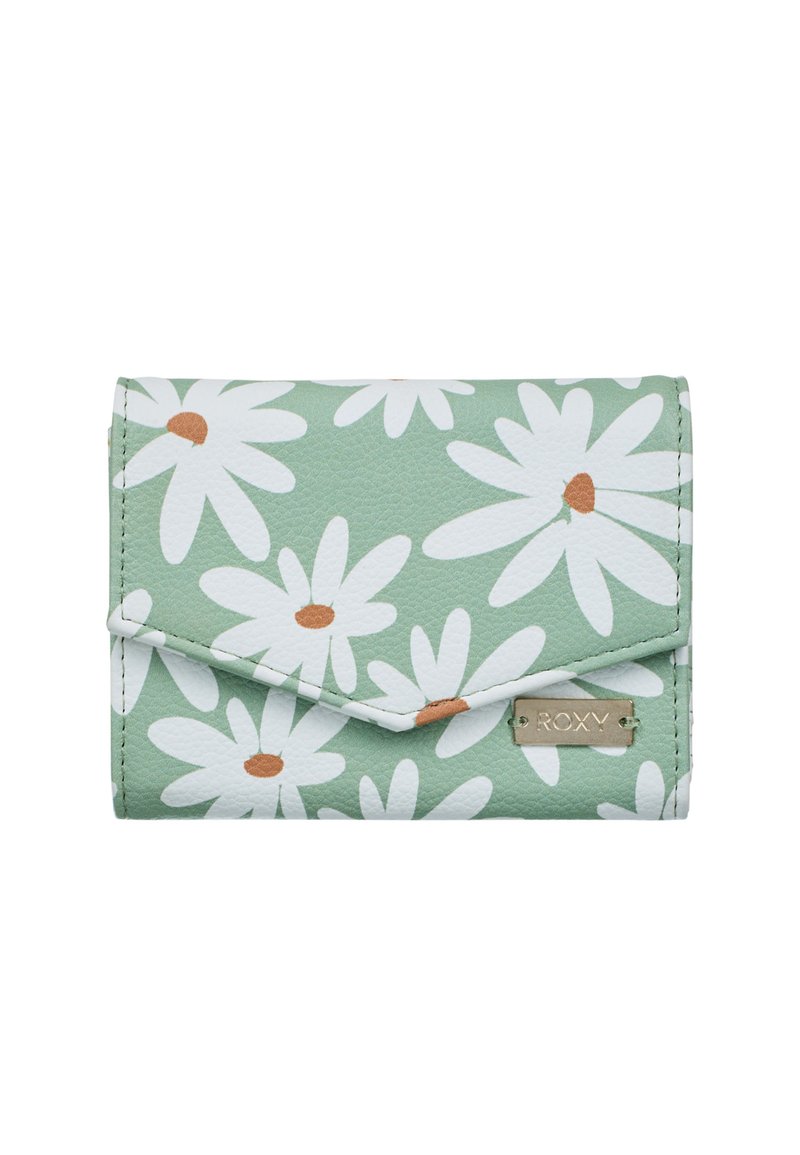 Muntgroen portemonnee met een bloemdesign met witte madeliefjes en oranje centra. Gemaakt van gestructureerd synthetisch materiaal met een metalen logoaccent.