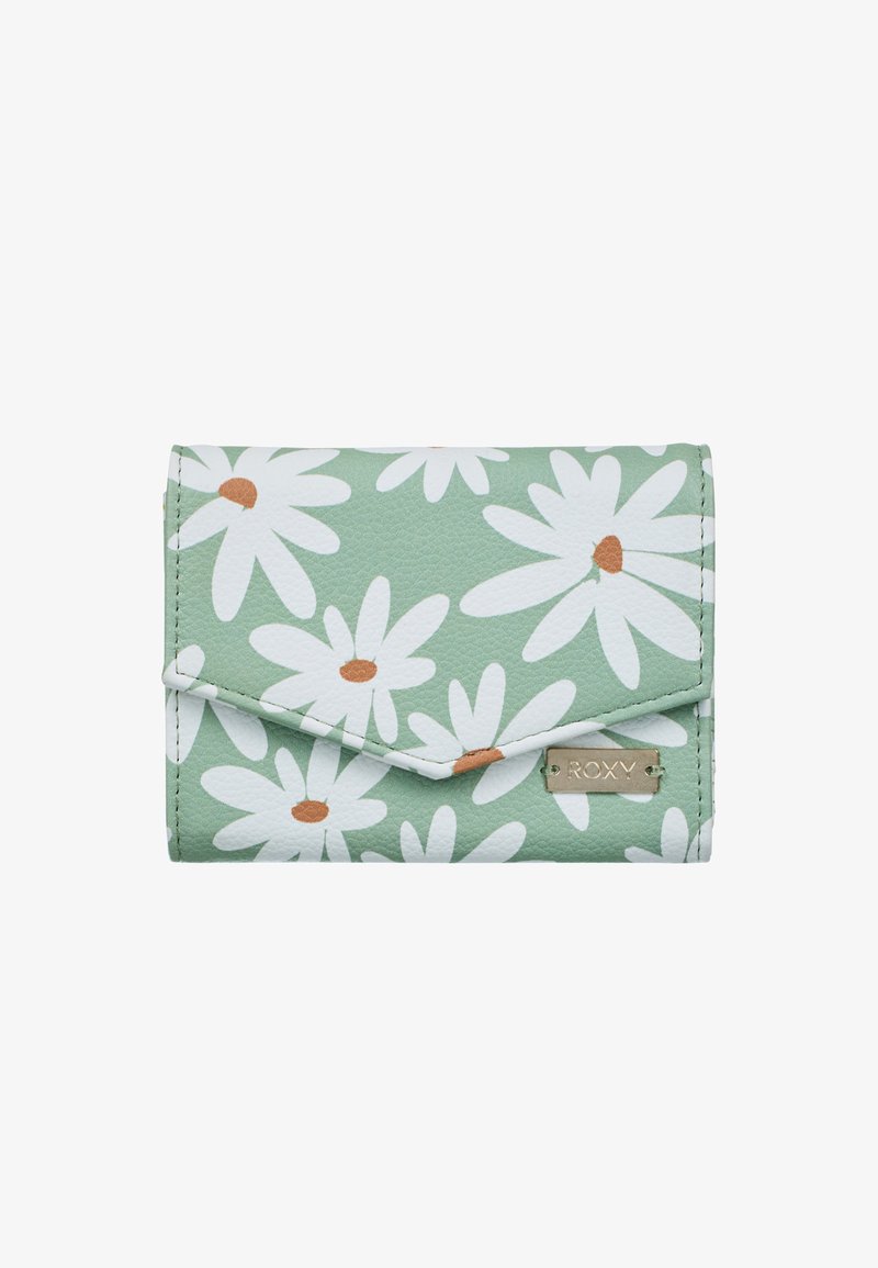 Muntgroen portemonnee met een bloemdesign met witte madeliefjes en oranje centra. Gemaakt van gestructureerd synthetisch materiaal met een metalen logoaccent.