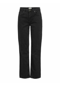 Jeans de mezclilla negros con corte recto, diseño de cinco bolsillos y cierre de botón de metal. Tiene una cinturilla clásica y costuras mínimas.