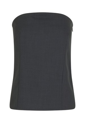 Top sans bretelles en tissu gris foncé, avec un design ajusté, une texture lisse et une fermeture éclair discrète sur le côté.