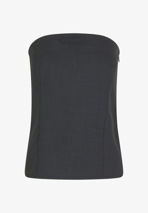 Top sans bretelles en tissu gris foncé, avec un design ajusté, une texture lisse et une fermeture éclair discrète sur le côté.