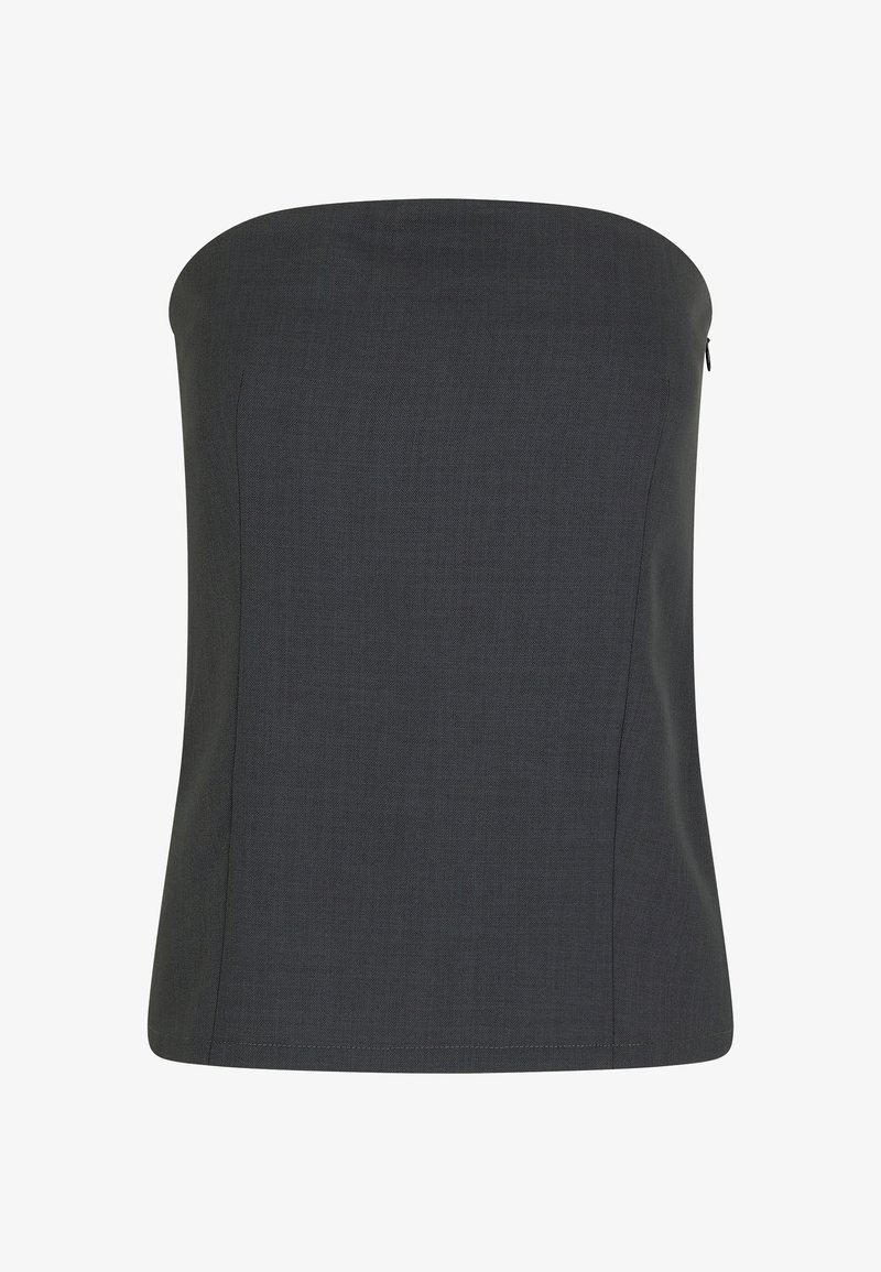 Top sans bretelles en tissu gris foncé, avec un design ajusté, une texture lisse et une fermeture éclair discrète sur le côté.