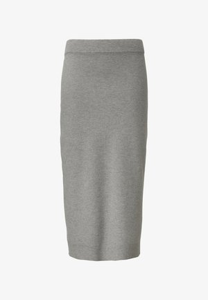 Gray knee-length pencil skirt made of soft knit fabric, featuring a fitted silhouette and a simple elastic waistband. No visible patterns or accents.