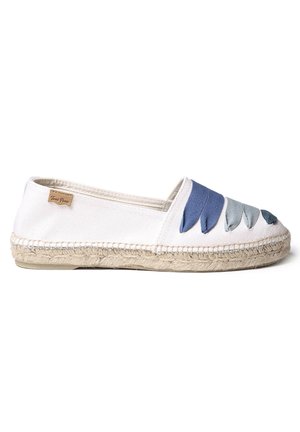 Espadrille with a white canvas upper, featuring layered blue and green textile accents, jute rope sole, rounded toe, and a small logo tag.
