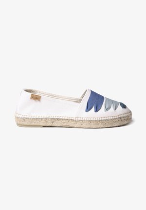 Espadrille with a white canvas upper, featuring layered blue and green textile accents, jute rope sole, rounded toe, and a small logo tag.