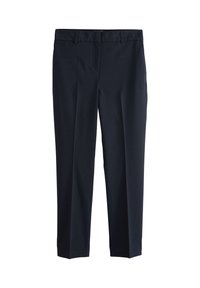 Pantalon bleu marine à coupe droite, confectionné dans un tissu doux au toucher lisse. Il présente des poches avant et une taille classique.