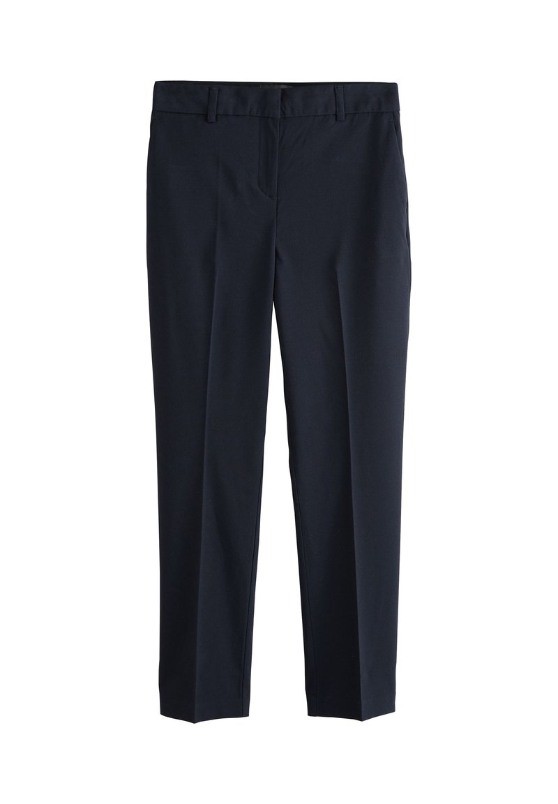 Pantalon bleu marine à coupe droite, confectionné dans un tissu doux au toucher lisse. Il présente des poches avant et une taille classique.