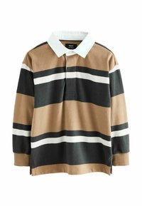 Polo a maniche lunghe a righe in marrone, nero e bianco. Presenta un colletto bianco e spacchi laterali all'orlo per facilitare i movimenti.