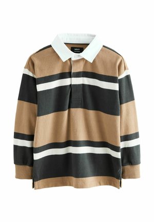 Gestreepte lange mouwen polo shirt in bruin, zwart en wit. Heeft een witte kraag en zijsplitten aan de zoom voor meer bewegingsgemak.