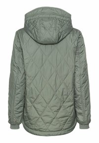 Veste matelassée vert clair avec coutures en losange, manches longues, capuche et poignets élastiques, vue de dos sur fond blanc.