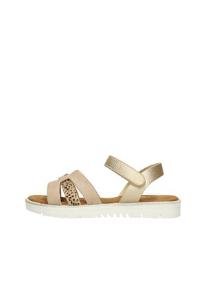 Sandalo beige e oro da donna con cinturino regolabile alla caviglia, dettaglio con stampa leopardata, suola imbottita e suola esterna bianca testurizzata.