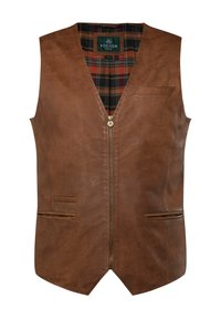 Chaleco de cuero marrón con un diseño de escote en V, que presenta un zipper frontal, dos bolsillos laterales y un forro interior de cuadros. Textura suave con costuras en contraste.