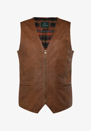 Brun lædervest med V-halsdesign, der har en frontlynlås, to sidelommer og et ternet for. Glat tekstur med dekorative sømme.