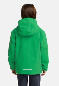 Grüne wasserdichte Jacke mit lässigem Schnitt, die eine Kapuze, lange Ärmel und einen reflektierenden Akzent auf dem Rücken besitzt. Glatte Textur.