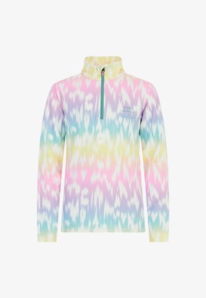 Fleece half-zip pullover met pastel tie-dye patroon, voorzien van een hoge kraag, lange mouwen en een voorrits in lichtblauw.