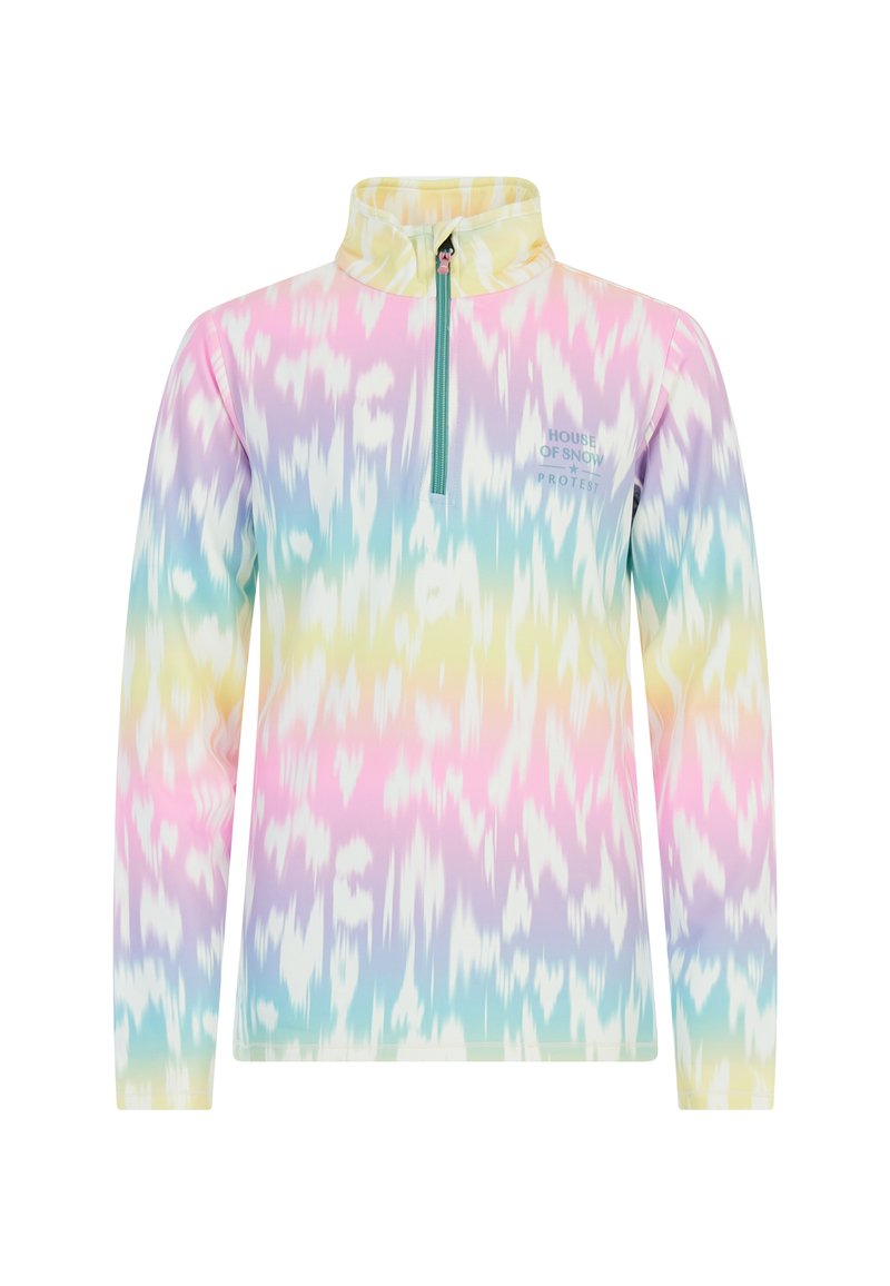 Fleecasti polu-zip pulover s pastelnim tie-dye uzorkom, s visokim ovratnikom, dugim rukavima i prednjim zipom u svijetlop Plavoj boji.